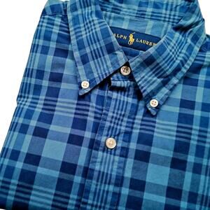 Ralph Lauren LARGE Short Sleeve Blue Plaid Button Down Shirt Pony Preppy